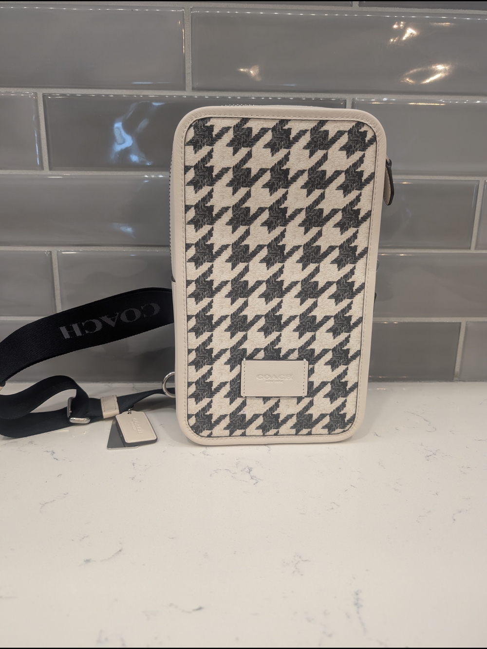Coach Men’s Black & White Houndstooth Crossbody Phone Pouch